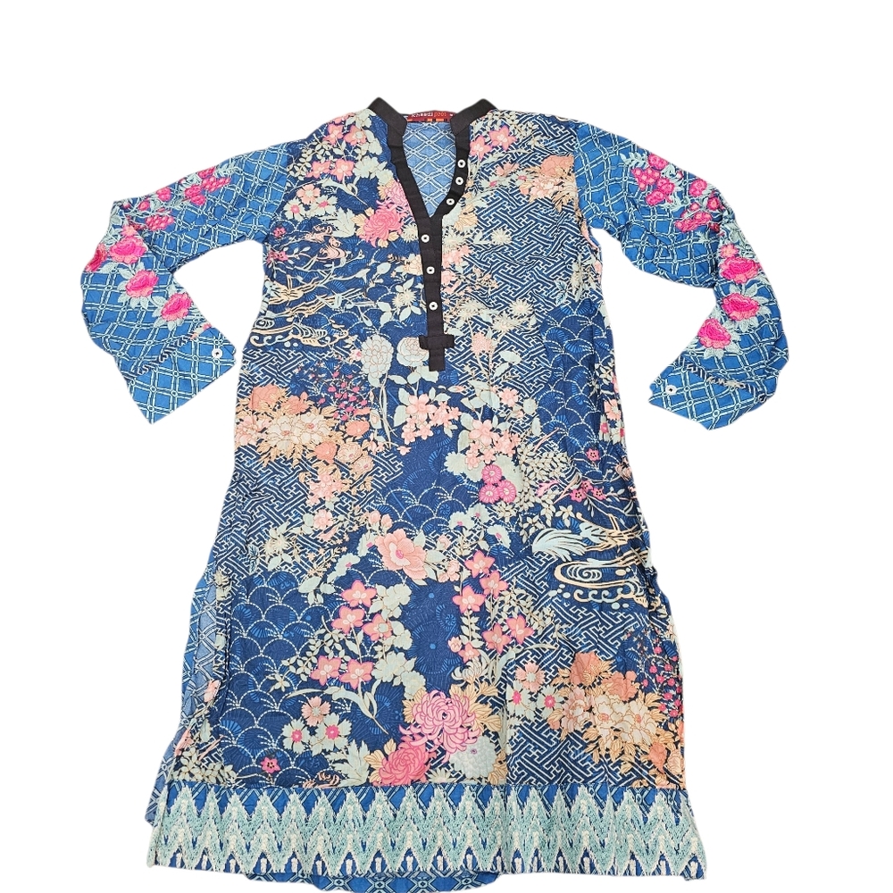 Khaadi‎ Pret Dress Tunic 10 Blue Floral Kameez Kurti Embroidered Folk Art Cotton